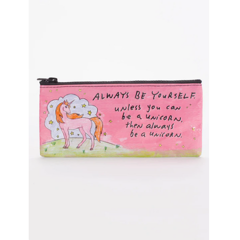 Pink unicorn pencil case with motivational quote on a white background
