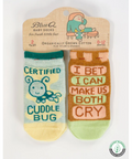 Two pairs of socks with humorous text on a white background, displayed on an e-commerce website.