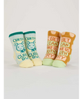 Set of four baby socks with text on a gray background, displayed on an e-commerce website.