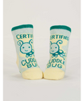 Pair of socks with 'Certified Cuddle Bug' text on a product page.