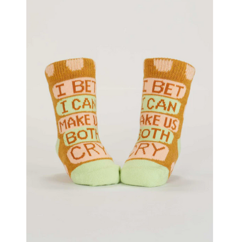 Pair of socks with text on a product page with price and rating.