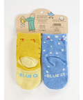 Two baby socks, one yellow and one blue, on a packaging display with product details.