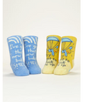 Pair of blue socks with text and a pair of yellow socks with text on a white background.