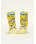 Pair of socks with humorous text on a product page