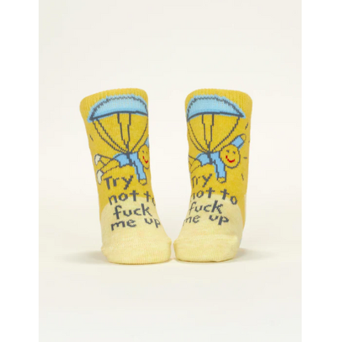 Pair of socks with humorous text on a product page
