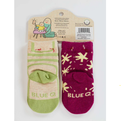 Two baby socks with packaging on a website page