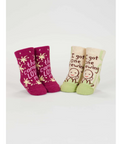 Three pairs of baby socks with text on a white background, displayed on an e-commerce website.