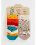 Pair of colorful socks on a packaging with 'Blue Q' branding on a website page.