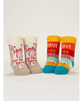Set of baby socks with colorful text on a product page
