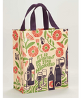 Colorful tote bag with drink-themed design on a website page