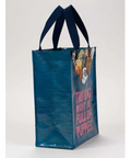 Blue tote bag with text on a white background