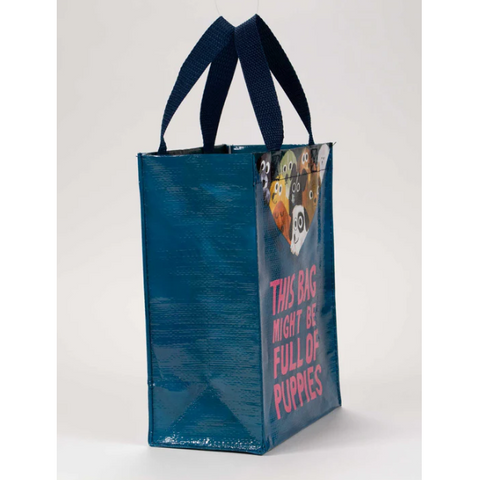 Blue tote bag with text on a white background