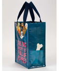 Blue tote bag with text and cartoon characters on a product page