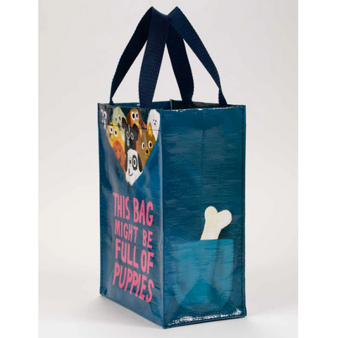 Blue tote bag with text and cartoon characters on a product page