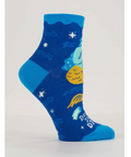 Blue sock with ocean-themed design on a product page