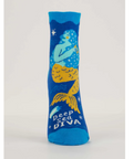 Blue sock with mermaid design labeled 'Deep Sea Diva' on a product page.
