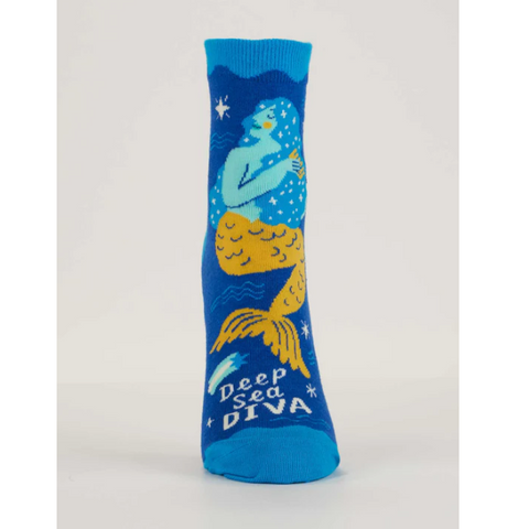 Blue sock with mermaid design labeled 'Deep Sea Diva' on a product page.