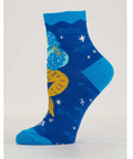 Blue ankle sock with celestial design on a product page