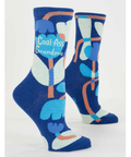 Blue socks with colorful design and text on a product page