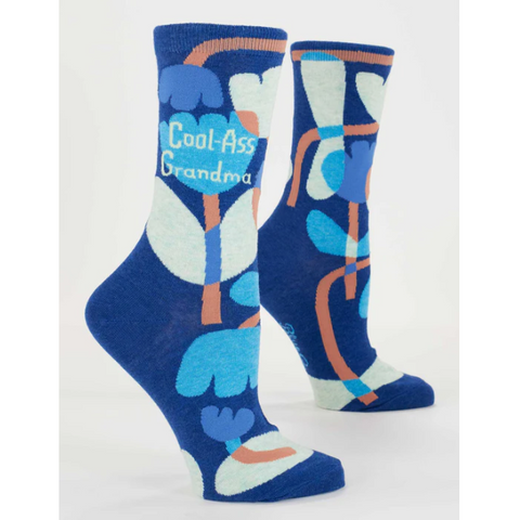 Blue socks with colorful design and text on a product page