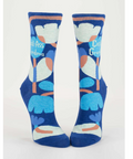 Blue socks with text on a white background, displayed on an e-commerce website.