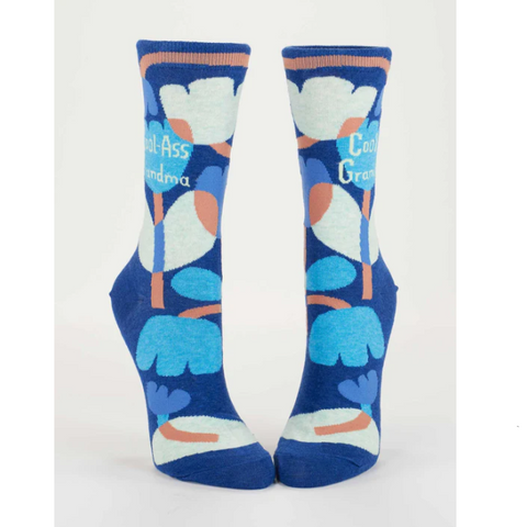 Blue socks with text on a white background, displayed on an e-commerce website.