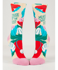 Colorful socks with text and graphics on a white background, displayed on an e-commerce website.