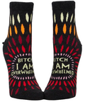 Pair of socks with colorful design and text on a white background