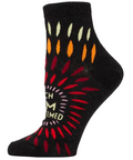 Black sock with colorful design and text on a white background