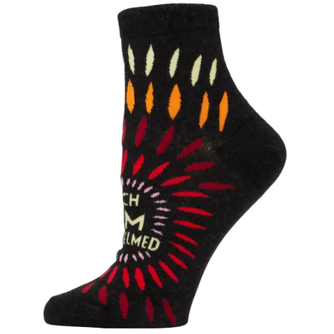 Black sock with colorful design and text on a white background
