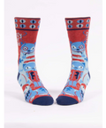 Pair of colorful socks with cartoon design on a white background