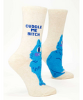 Pair of socks with blue cartoon character and text 'Cuddle Me Bitch' on a white background.
