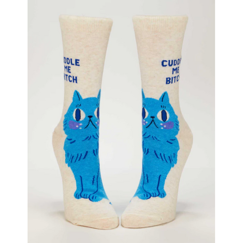 Pair of socks with blue cat design and text on a white background