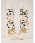 Pair of socks with cat illustrations and text on a product page.