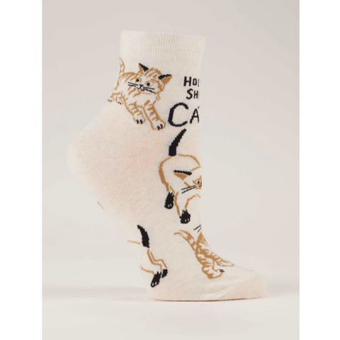 Cat-themed socks with text on a product page