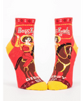Red socks with cowboy design and 'Boss Lady' text on a white background