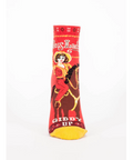 Product page of a red sock with a cowgirl design on a white background