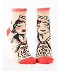 Pair of socks with a design and text 'Fight Like A Girl' on a website page.