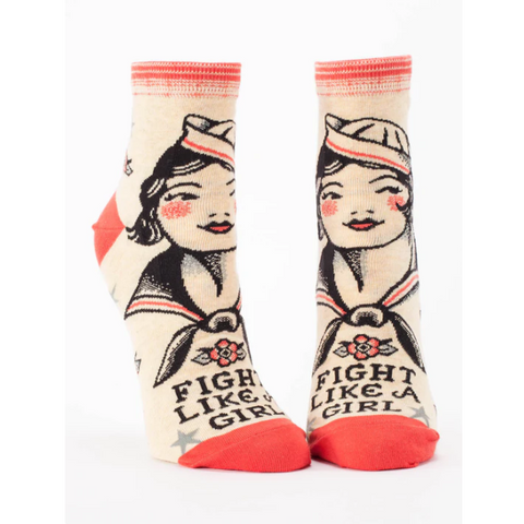 Pair of socks with a design and text 'Fight Like A Girl' on a website page.