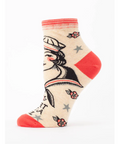 Tattoo-themed sock with red accents on a white background, displayed on an e-commerce website.