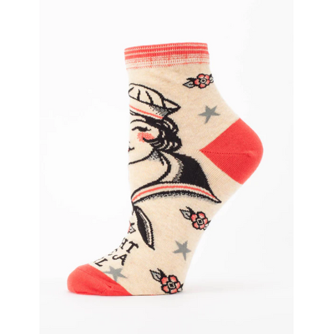 Tattoo-themed sock with red accents on a white background, displayed on an e-commerce website.