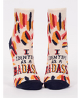 Colorful socks with 'I Identify as a Badass' text on a product page.