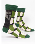 Green and white patterned socks with text on a product page