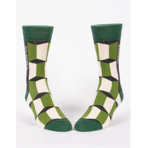 Green patterned socks on a white background with product details on a website.
