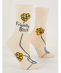 Beige socks with 'Friendly Bitch' text and floral designs on a product page.