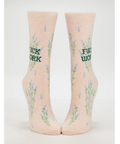 Pair of socks with text and floral designs on a white background