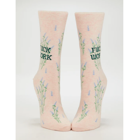Pair of socks with text and floral designs on a white background