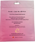 Pink packaging of pink penis-shaped bath bombs with text on a white background