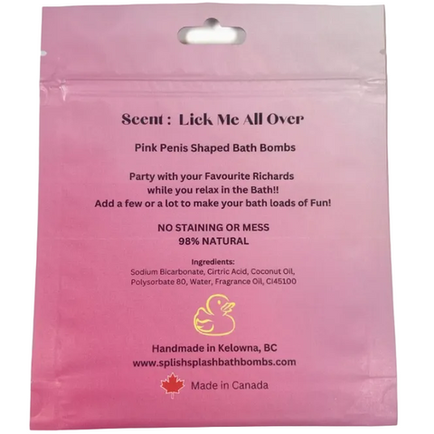 Pink packaging of pink penis-shaped bath bombs with text on a white background