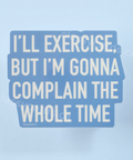 Product listing with humorous exercise-themed text on a light blue background